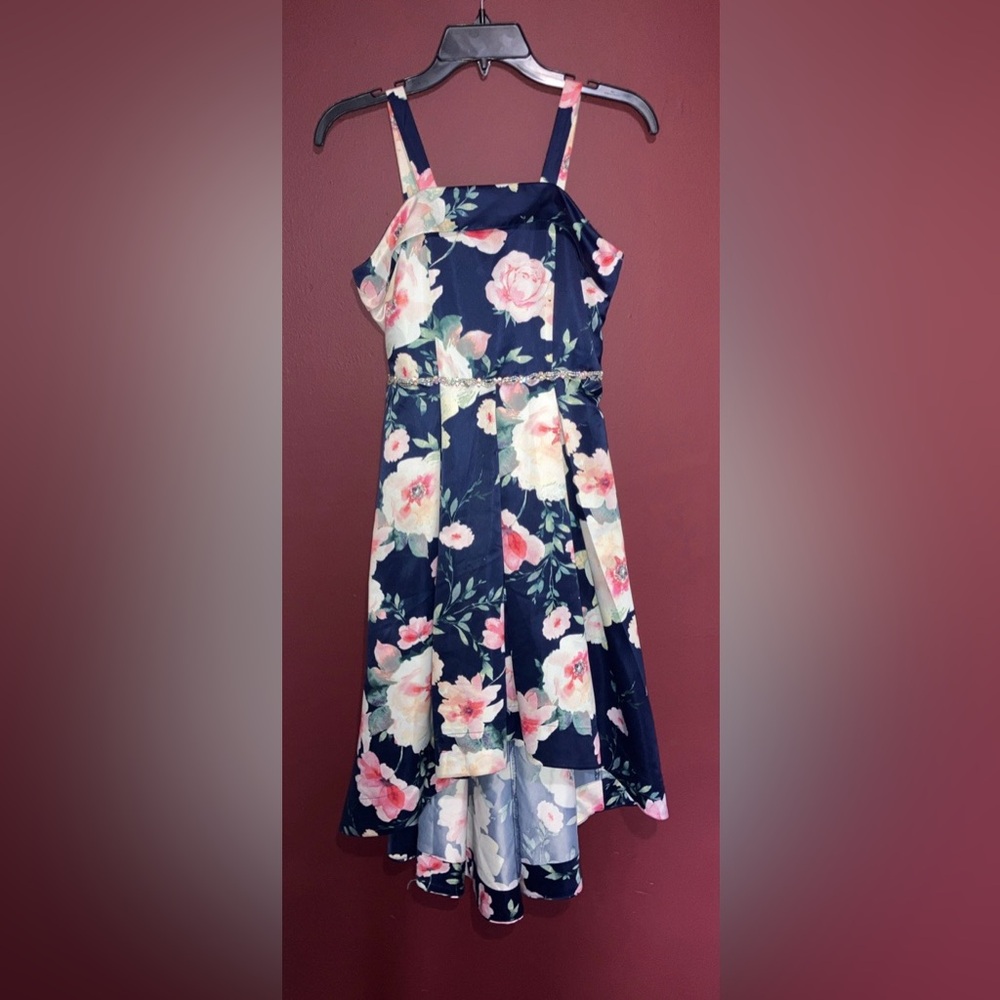 Floral Kids Dress - Navy and Pink With Tie Back and Rhinestone Beading